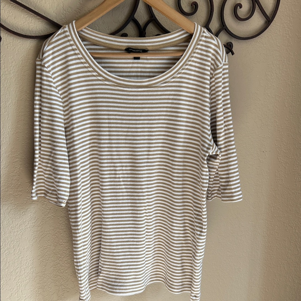 Banana Republic Cream & Tan Striped Short Sleeve Scoop Neck Top